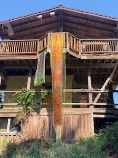 Photos of Sarah’s banners from Britannia mine performance September 2024 with Gruff Goat Dance. (Trisha Belsham)